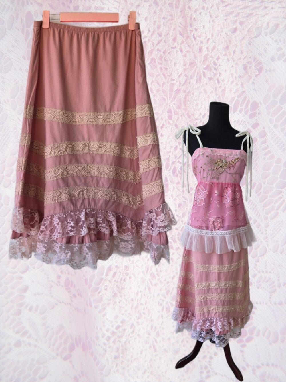 Vintage Y2k Pink Cotton and Lace Midi-Length Skirt Cottage Coquette
